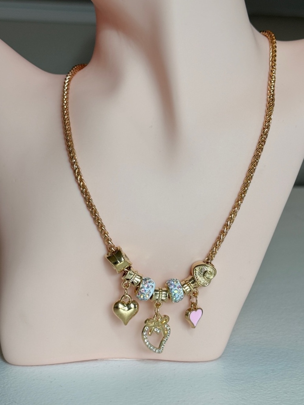 Gold Heart Charm Necklace with Pink Accent